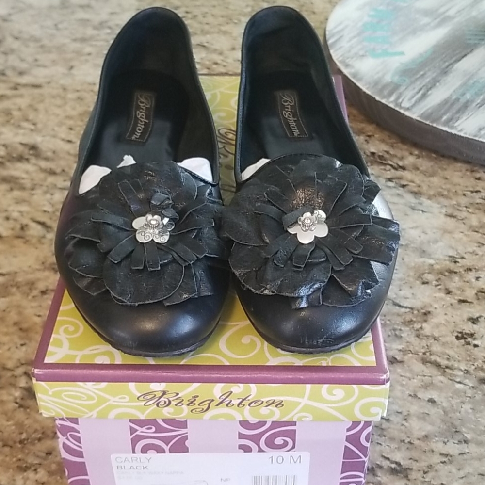 Black brighton flats with flower detail